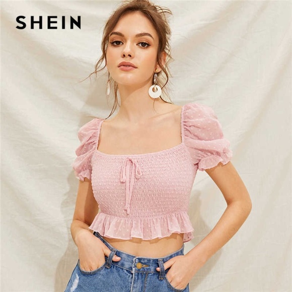 Pink Swiss Dot Ruffle Crop Top Sz Large